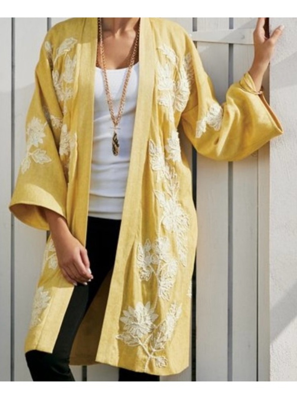 Soft Surroundings Tattan Park Embroidered Beaded Kimono Topper Cardi Jacket, S/M